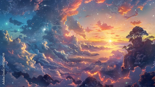 Captivating Celestial Landscape at Dramatic Sunset with Glowing Clouds and Stars