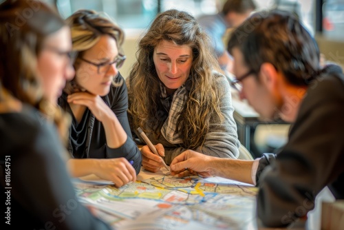 Team of individuals sitting around a table  studying map  discussing ideas in urban setting