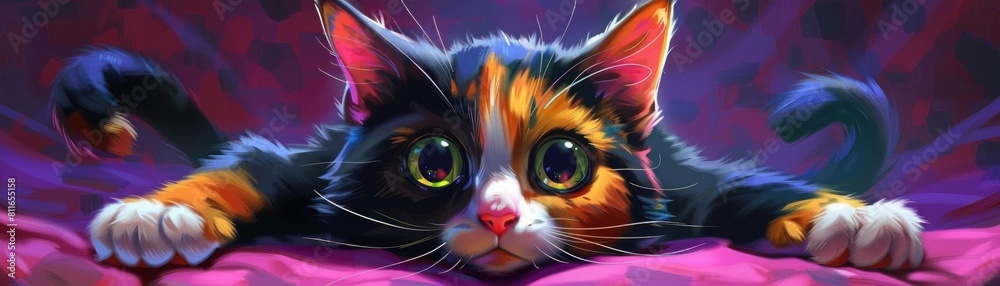 Produce a frontal view illustration of a fluffy, playful kitten in watercolor, capturing its wide, innocent eyes and whiskers with delicate strokes