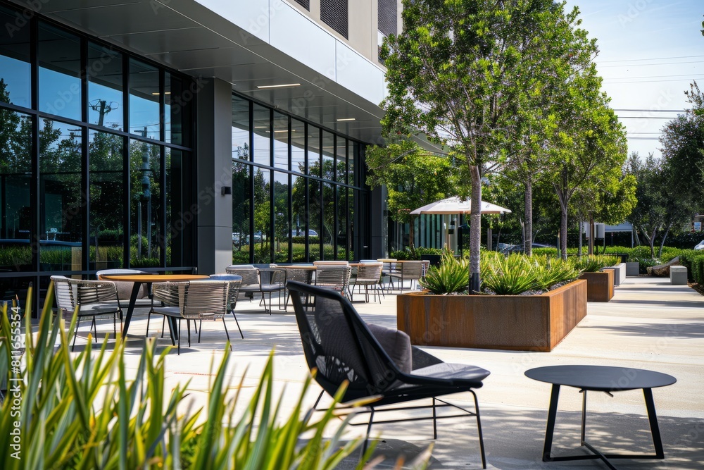 A patio with multiple tables and chairs set up outside a modern commercial building, ready for outdoor dining