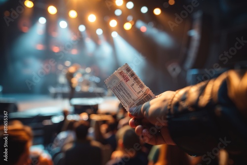 A person excitedly holds a concert ticket, ready to enter the event venue and enjoy the live music experience photo