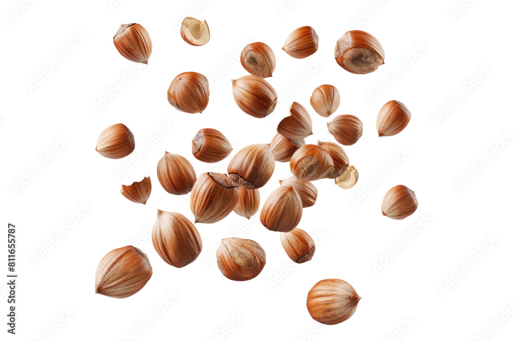 Falling whole hazelnuts isolated on transparent background Falling whole hazelnuts isolated on transparent background