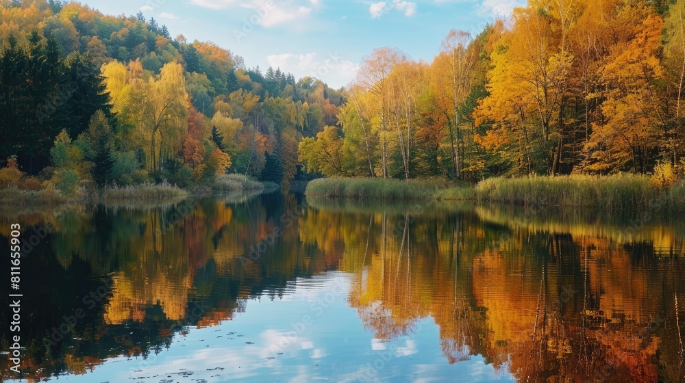 Reflection of serene water showcases a forest by the river in autumn Reflection of serene water showcases a forest by the river in autumn