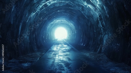A dark tunnel with a bright light at the end