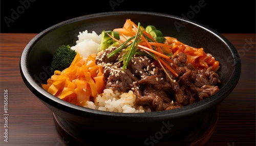 Bibimbap, Korean dish of mixed rice, vegetables, and meat, popular and iconic Korean food