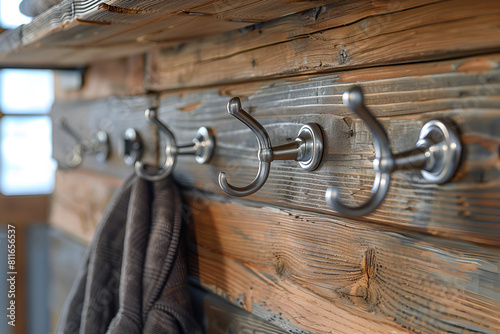 old wooden door handle, Stainless steel hooks for clothes at wooden wall 