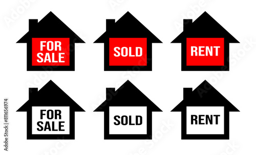 House for sale, sold, and rent icons set design vector. Real estate agent market property economic investment.