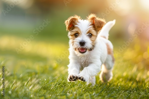 A small white and brown dog is running quickly in the lush green grass of a park