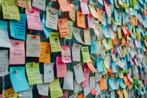 A closeup of a bulletin board completely covered in colorful post-it notes with various messages and reminders pinned to them