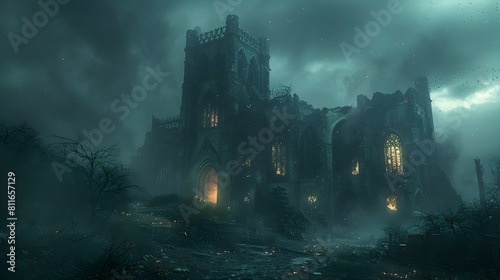 Eerie,Weathered Castle Ruin in Foreboding,Stormy Landscape of Crumbling Medieval Gothic Architecture