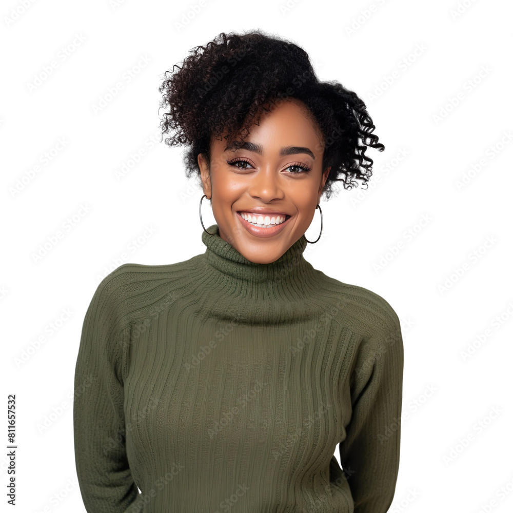 Front view mid shot of a beautiful African woman dressed in a forest green turtleneck sweater and beige corduroy pants, smiling, isolated on a white transparent background Front view mid shot of a beautiful African woman dressed in a forest green turtleneck sweater and beige corduroy pants, smiling, isolated on a white transparent background