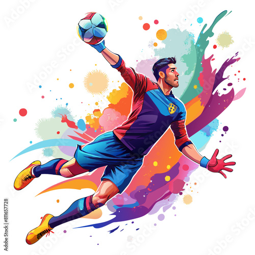 football Player jumps for the ball. splash of watercolors. vector realistic illustration of paints