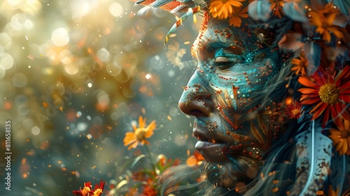 Enigmatic Floral Portrait of a Contemplative Woman in a Surreal Autumn Environment