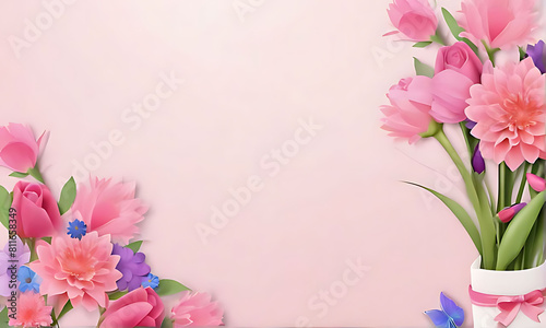 3D render happy Mother s Day banner with copy space. Celebrating Mother s Day with  heart and flowers DESIGN. 