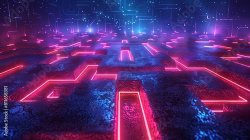 3D illustration of a maze with blue and pink neon lights.