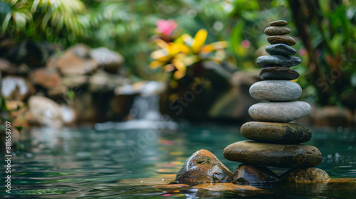 Lake with stack of spa stones in tropical garden