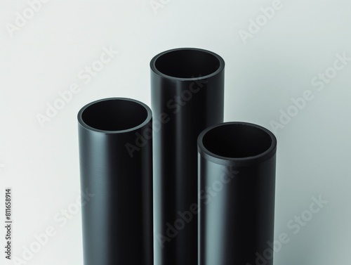 Three black pipes with a smooth finish isolated on a light background demonstrating simplicity in industrial design.