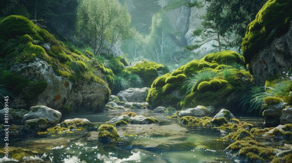 Moss covered rocks by a clear mountain stream