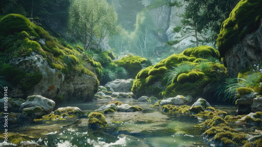 Moss covered rocks by a clear mountain stream Moss covered rocks by a clear mountain stream