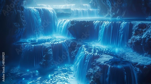 Waterfall in the cave. Glowing blue water. photo