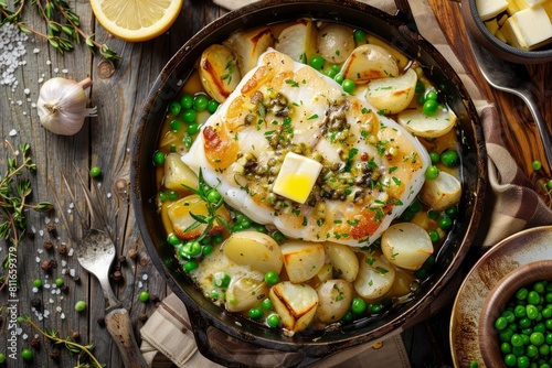 A pan filled with cod fish and potatoes, accompanied by peas, in a rustic setting with butter