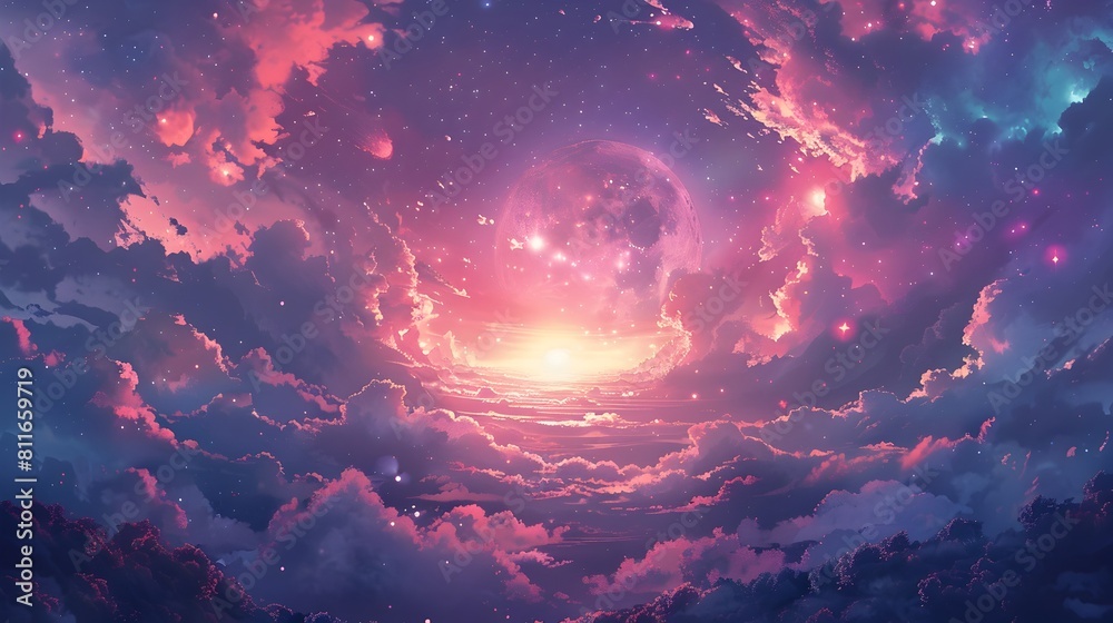 Glowing Cosmic Wonderland:A Majestic Celestial Landscape Surging with Ethereal Energy and Captivating Beauty