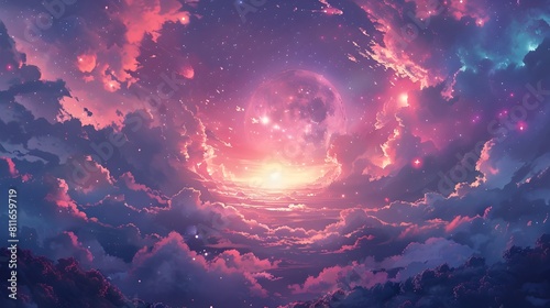 Glowing Cosmic Wonderland:A Majestic Celestial Landscape Surging with Ethereal Energy and Captivating Beauty