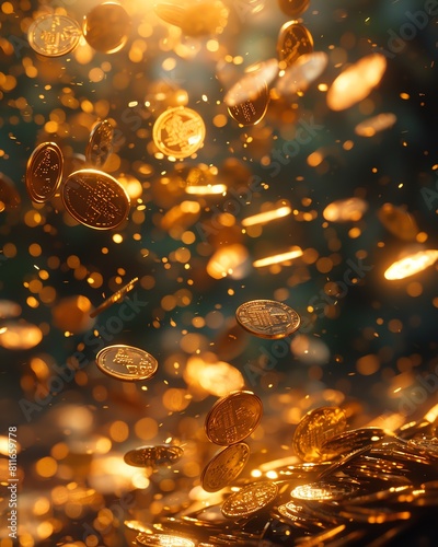 Imaginative low angle view of gold coins spilling from the sky, illuminated by the soft golden light of dusk, depicting unexpected wealth