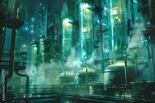 Glowing Futuristic Industrial Cityscape in Surreal Neon-Lit Atmosphere