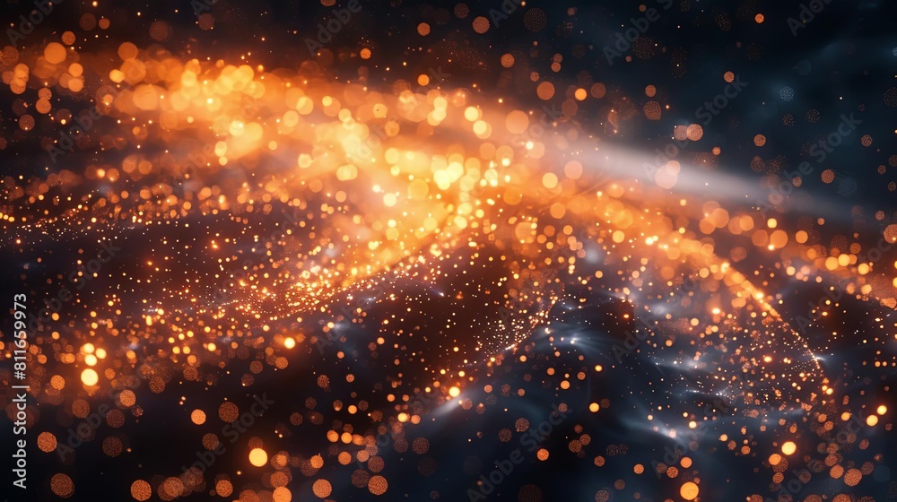 Abstract image of glowing orange particles on a dark blue background.