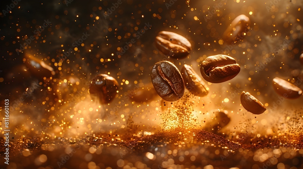Heap of Shimmering Roasted Coffee Beans Spilled on Rustic Textured Surface description:This captivating image showcases a bountiful heap of freshly