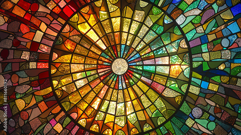 Circular stained glass window with vibrant, multicolored geometric patterns radiating from the center.