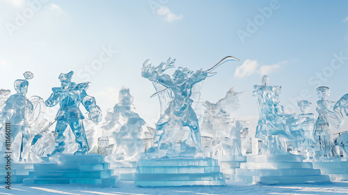 Ice sculptures of various characters and figures, displayed outdoors under a clear blue sky.