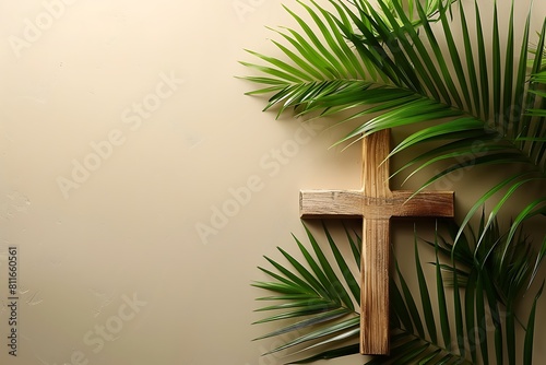 Palm Sunday background Wooden cross and palm leaves on neutral background with copy space for text. Christianity  faith  religious  Holy Week concept