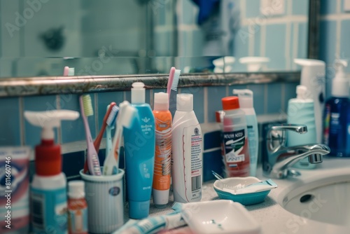 A bathroom sink filled with toothpaste tubes and multiple toothbrushes neatly arranged on the surface
