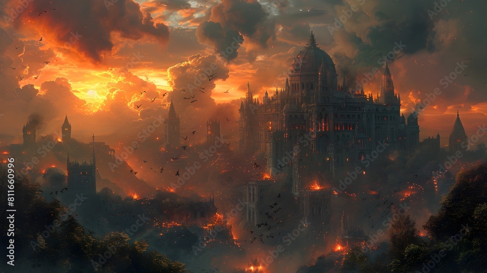 Majestic Fantasy Castle Enveloped in Fiery Apocalyptic Landscape with Dramatic Stormy Skies and Billowing Smoke Majestic Fantasy Castle Enveloped in Fiery Apocalyptic Landscape with Dramatic Stormy Skies and Billowing Smoke