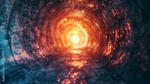 A glowing orange portal in a dark tunnel. photo