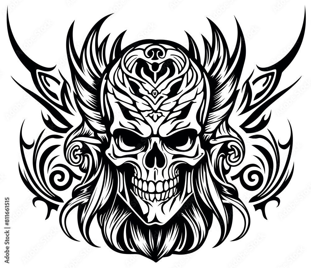 Skull with Decorations as a Tattoo or Motif for Textile Printing