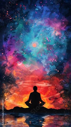 Silhouetted figure meditating in a breathtaking cosmic landscape with vibrant celestial imagery and serene lake reflection