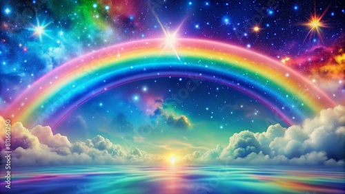  Rainbow fantasy background. Holographic colorful illustration. Multicolored sky with stars and rainbow.