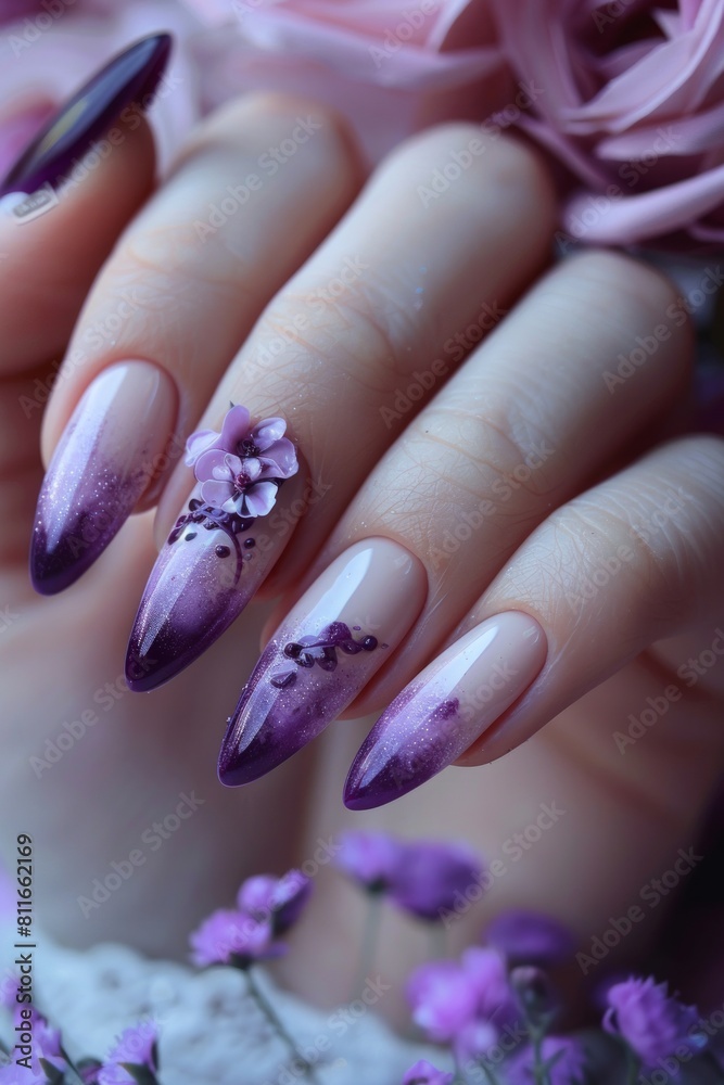 Purple nail art with flowers. Purple nail art with flowers.