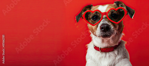 Dog wearing heart shaped sunglasses on red background with copy space ©  Mohammad Xte