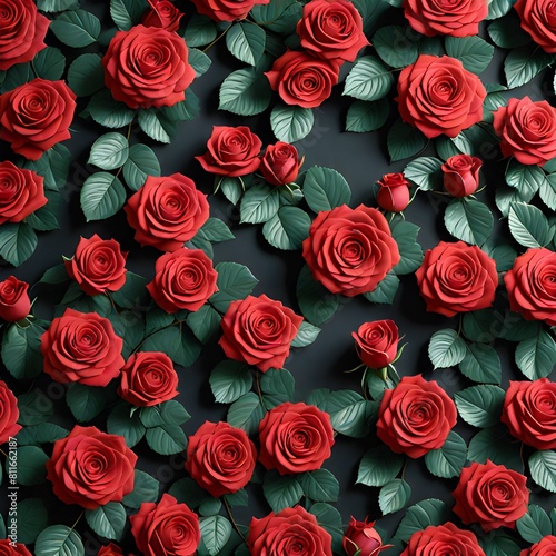 an appealing top-view AI composition featuring a seamless pattern of fresh red roses for an aesthetically pleasing wallpaper design attractive look