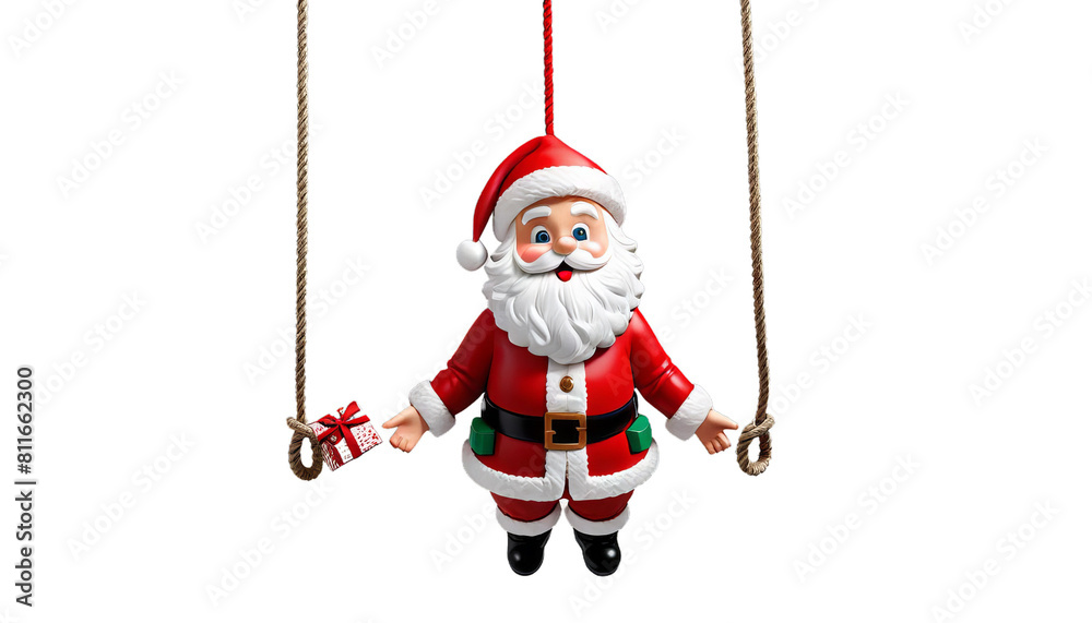 hanging render santa 3d rope claus three-dimensional illustration clip art white beard christmas holiday old red costume moustache winter cute fat gift hat jolly smile joy cheerful season happy