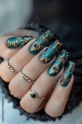 A woman with green and gold nail art.