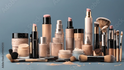 Various makeup products laid out on a blue surface including foundations, brushes, and powders.