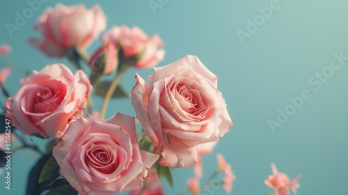 Bouquet of beautiful pink roses on light blue background.