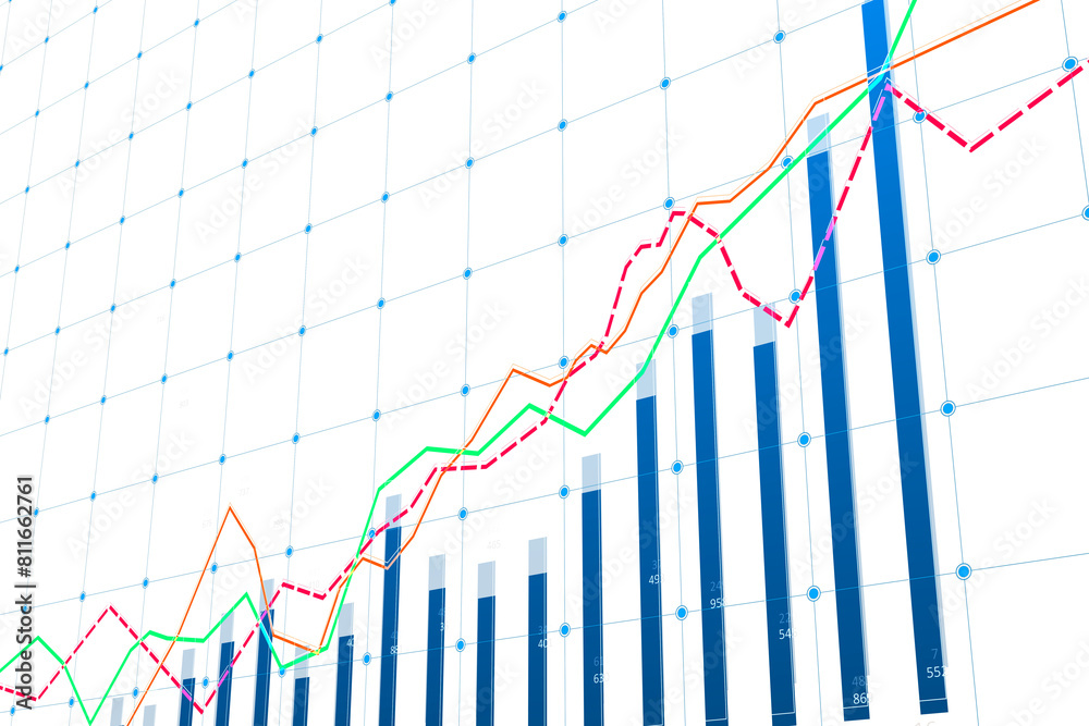 A vibrant detailed graph with multiple line charts overlaid on a bar chart, set against a grid on a white background, representing data analysis A vibrant detailed graph with multiple line charts overlaid on a bar chart, set against a grid on a white background, representing data analysis