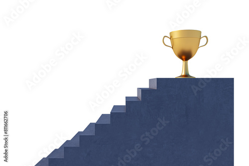 A golden trophy cup on top of a blue staircase, with a white background, representing success or achievement photo