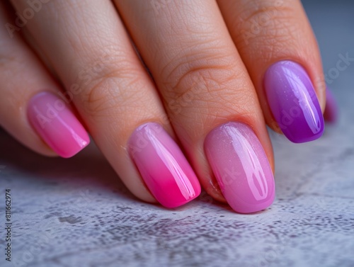 A woman s hand with purple and pink nails.
